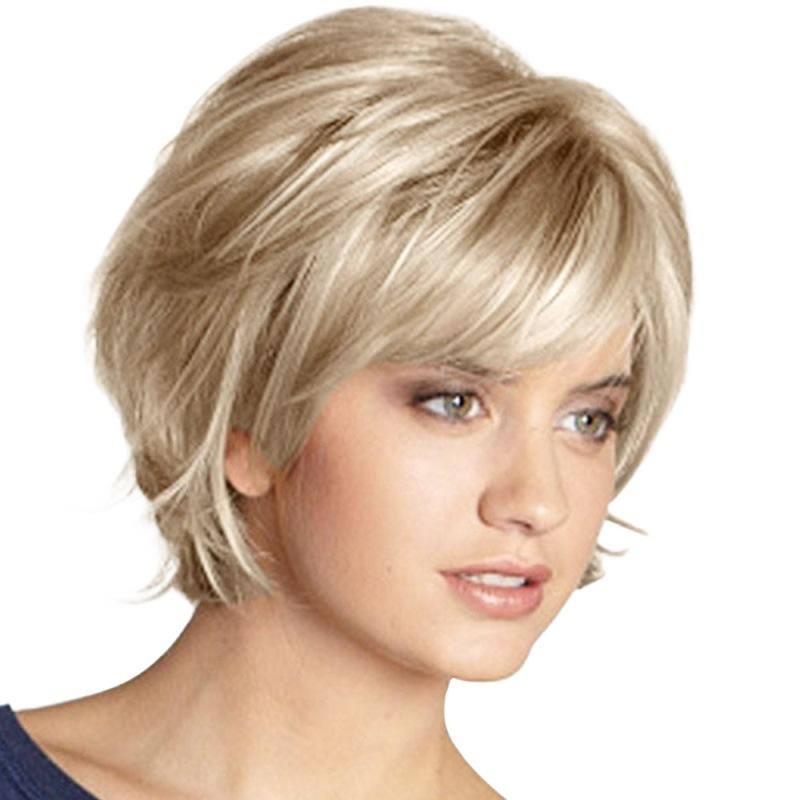 Women's Short Straight Fluffy Wig with Side Bangs Blonde and White Front Lace Heat Resistant Synthetic Fiber Wigs