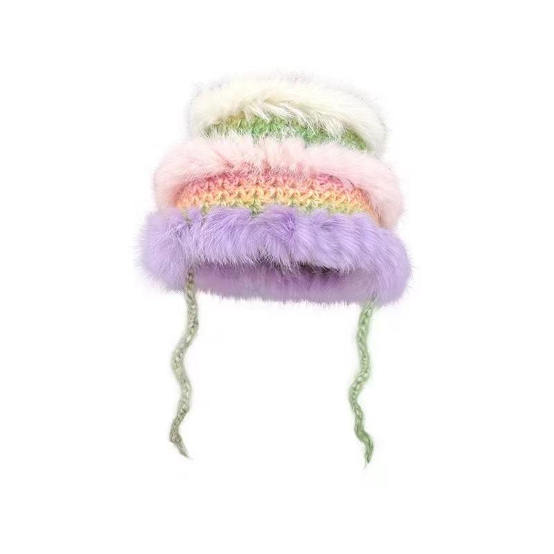 Mao Mao Hat Real Mao Rabbit Plush Fur Hat Versatile Cold-proof Warm Wool Knitted Baotou Hat Women's Winter