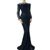 Black one-word shoulder feather fishtail dress light luxury elegant temperament socialite banquet host evening dress