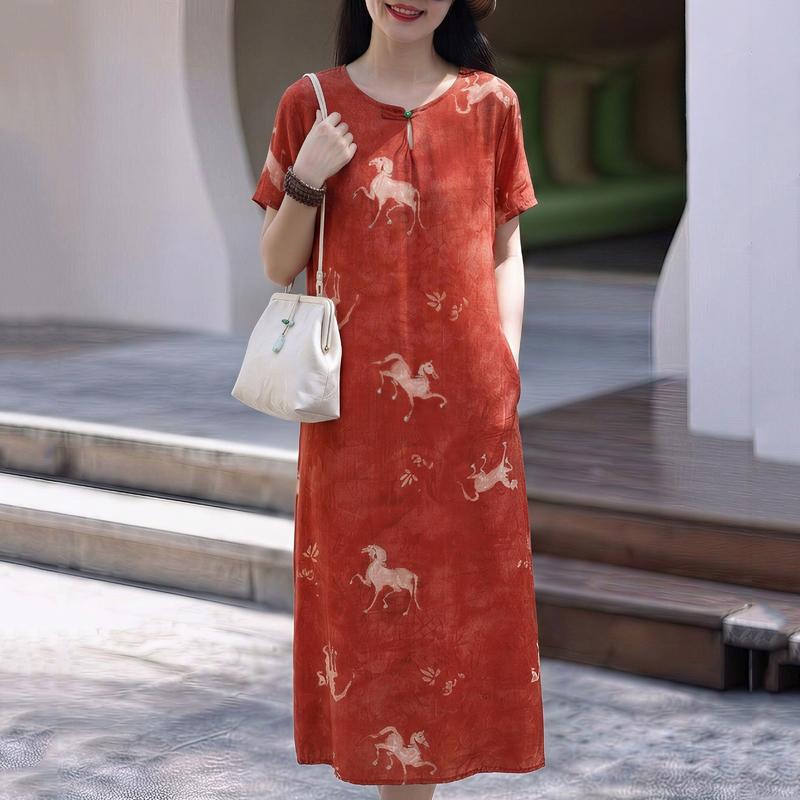 Abiti lunghi eleganti da donna Taglie forti Abito vintage a maniche corte allentato Abbigliamento estivo da donna di mezza età