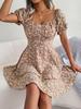 Abito Stampato con Scollo Quadrato Vita Alta Abito Elegante da Donna Manica Corta Abiti Ampi Abito Casual