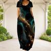 Women Plus Size Round Neck Short Sleeve Abstract Printed Loose Maxi Dress With Side Pockets