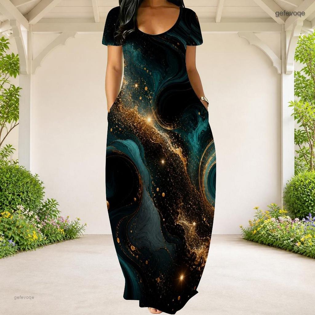 Women Plus Size Round Neck Short Sleeve Abstract Printed Loose Maxi Dress With Side Pockets