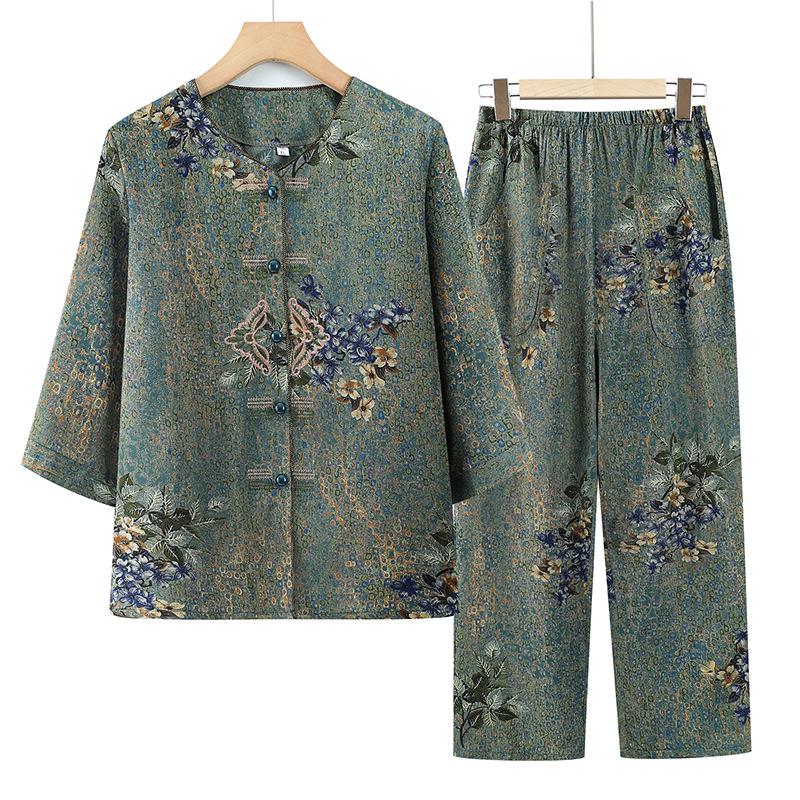 

Spring & Summer Set: Mid-Sleeve Printed Top & Pants for Middle-Aged & Elderly Women, Vintage 60s-70s Style 4XL (130-145 jin) зелений
