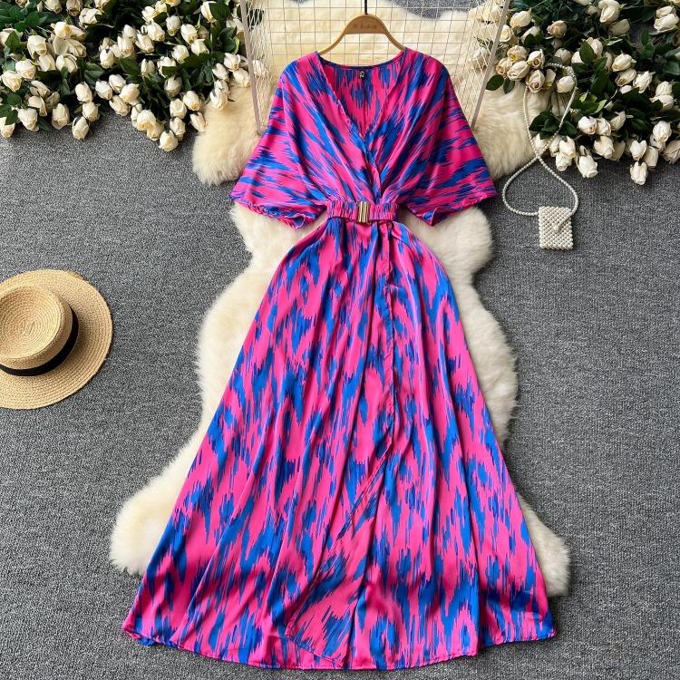 Vintage Elegant V Neck Split Print Short Sleeve Dress Chic Slim A Line Vestidos Summer Vacation Party Women Fashion Dresses
