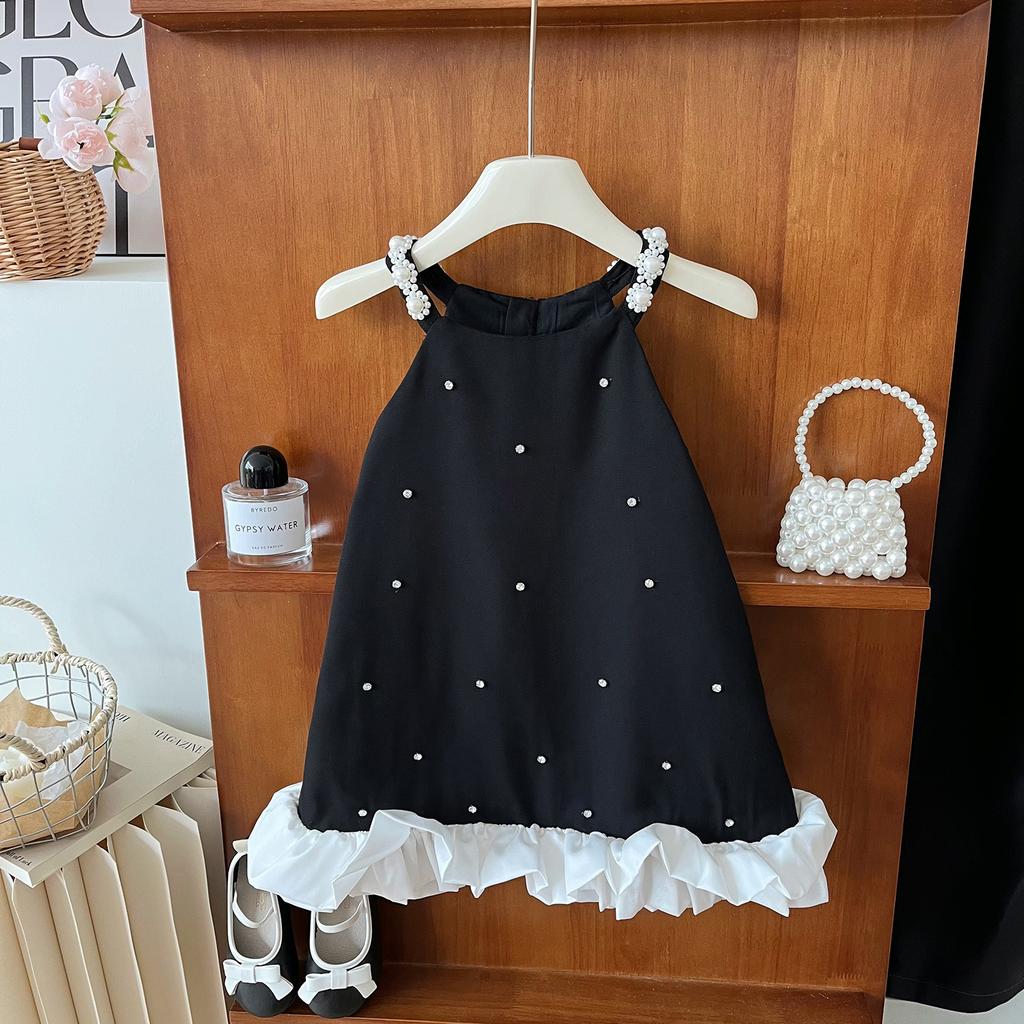 Summer Girls Black Princess Camisole Dress Stylish And Cute Sleeveless Party Gown For Kids Fashionable Children Clothing