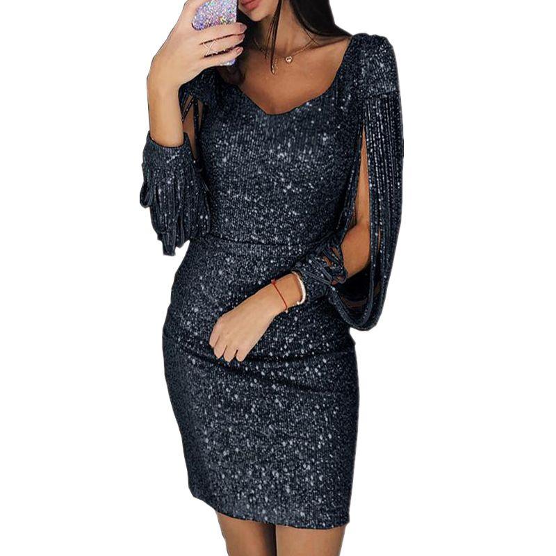 

Fashion Style Sexy Sexy V-neck Nightclub Shiny Evening Party Fringed Sheath Long Sleeves Dress One-Step Skirt Female Dress Black 5XL