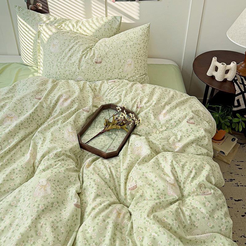 Vierteiliges Bettwäsche-Set, hautfreundlich, atmungsaktiv und bequem, Pastoralstil, Bettlaken, Bettbezug, Kissenbezug-Set