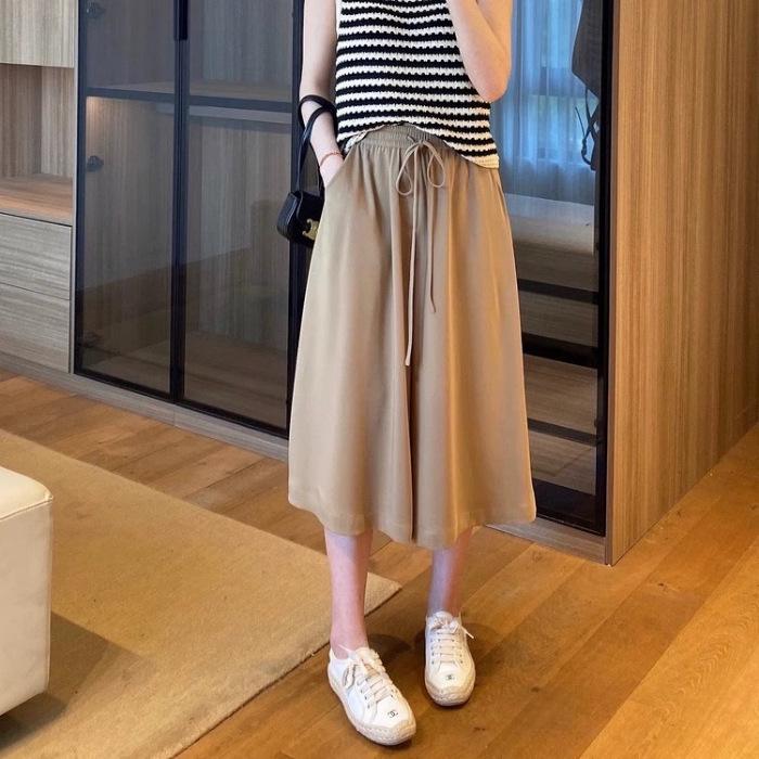 

Женские широкие брюки из ледяного шелка с высокой талией — летние, утягивающие, в корейском стиле, свободный крой, подходят для фигуры типа «груша», юбка-брюки на завязках 4XL хаки