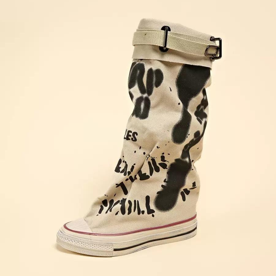 Graffiti Design Women Boots Classic Breathable Canvas Boot Fashion Mid-calf Boot Non Slip Rubber Sole Platform Boots Botas Mujer
