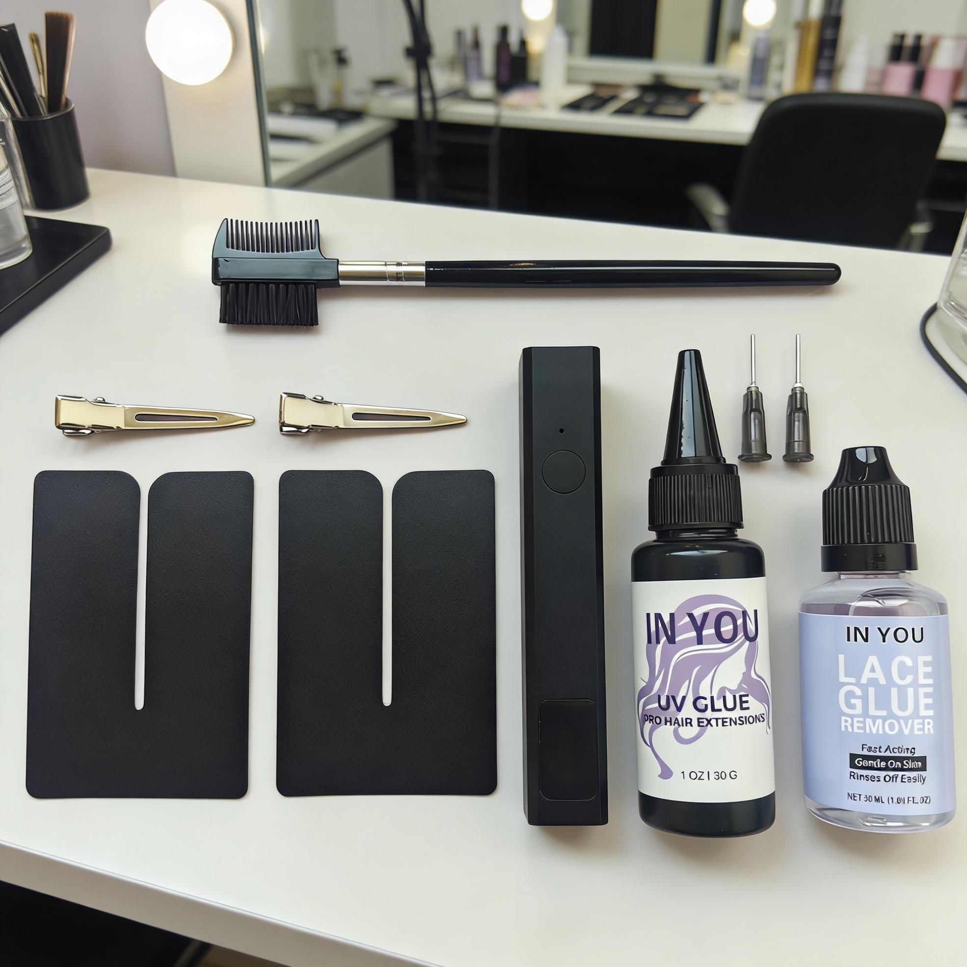 

Professional UV Hair Extension Tool Kit with Fast-Curing UV Lamp,30g Invisible Glue & 30ml Remover, Plastic Eyebrow Comb for DIY Hair Lash Extensions A set