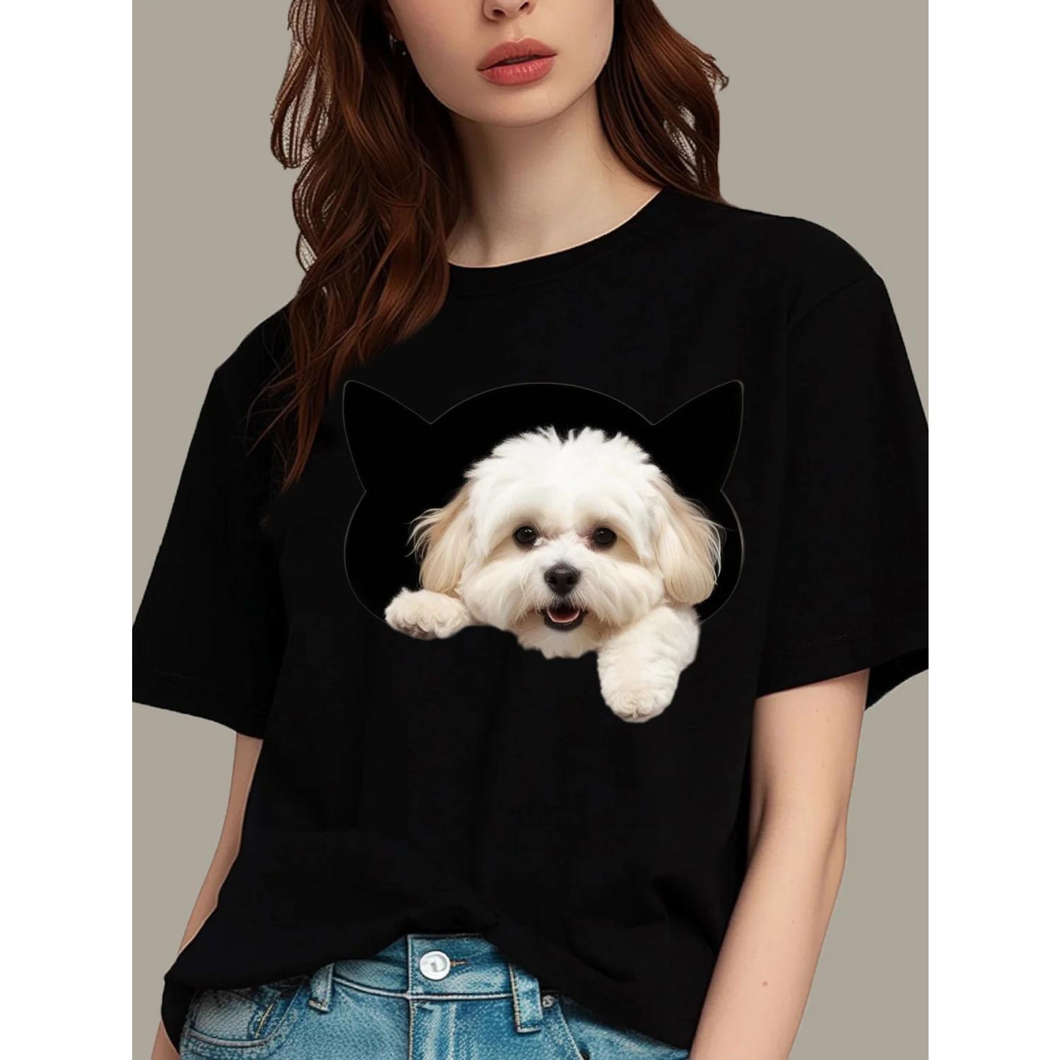Dog Print Fun & Cheerful Round Neck T-Shirt Pure Cotton Comfortable Short Sleeve Spring Summer Women s Casual Top S чёрный