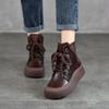 Johnature Retro Genuine Leather Short Boots Lace Up Thick Sole Plush Warm Cotton Boots Women's Shoes