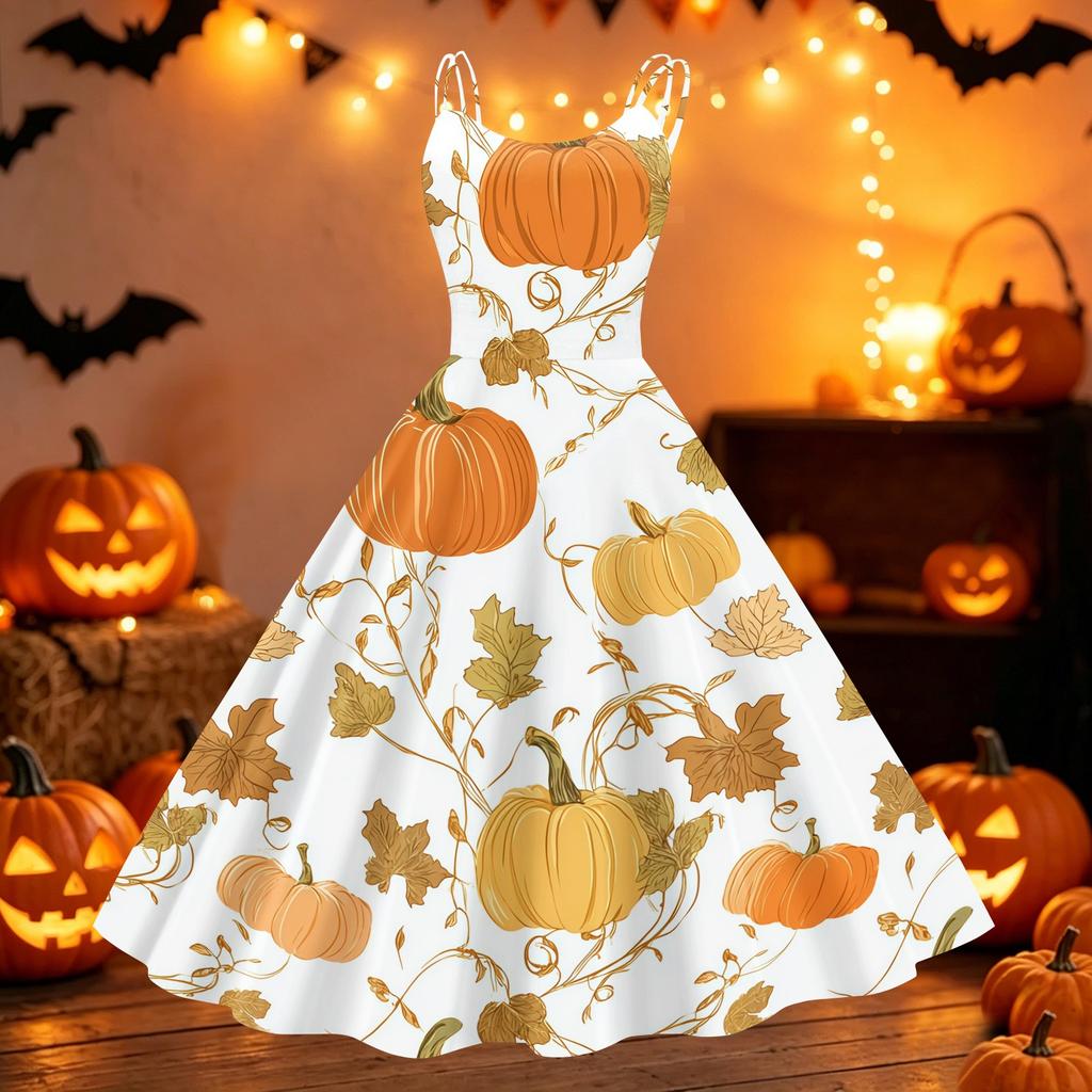 Womens Halloween Printed Off Shoulder Dress Vintage Punk Style Sleeveless Spaghetti Strap A Line Swing Dress with Flared Skirt for Party