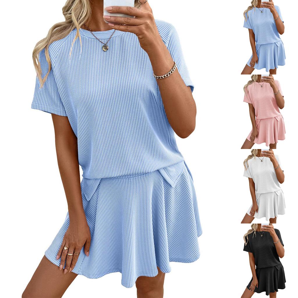 Damesmode Kleur Ronde Hals Korte Mouwen Top Broek Rok Tweedelig Pak