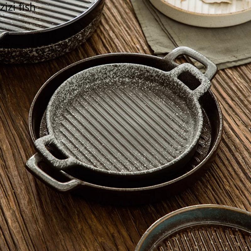 Double Ear Horizontal Texture Disc Ceramic Flat Plate Baking Plate Barbecue Plate Steak Plates Molecular Cooking Retro Tableware