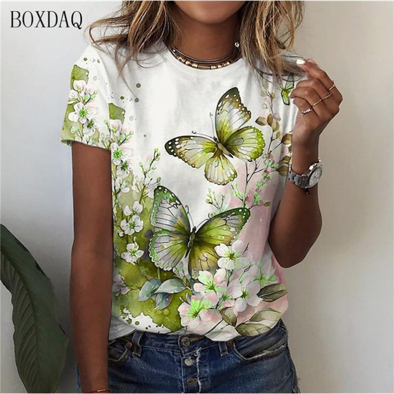 Women's butterfly T-shirt, 3D printed short sleeved clothing, women's street sweater, 6XL large, informal top