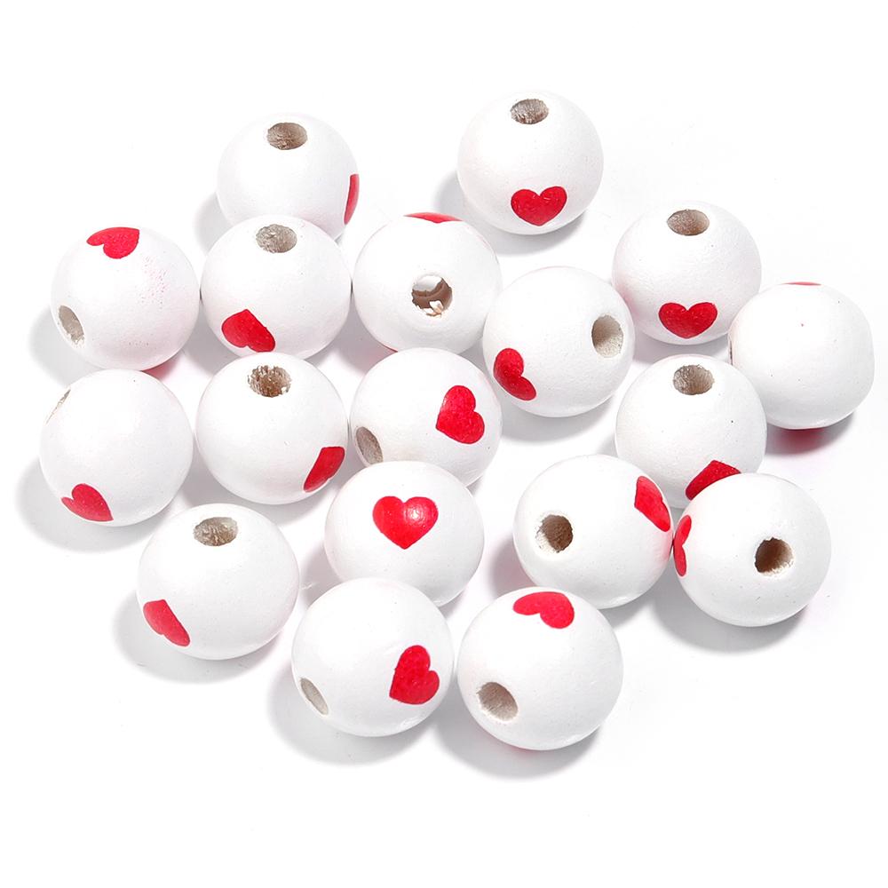 20Pcs 16mm Natural Wood Beads Colorful Stripe Heart Printing Large Hole Round Beads DIY Craft Bracelet Kid's Toy Accessories