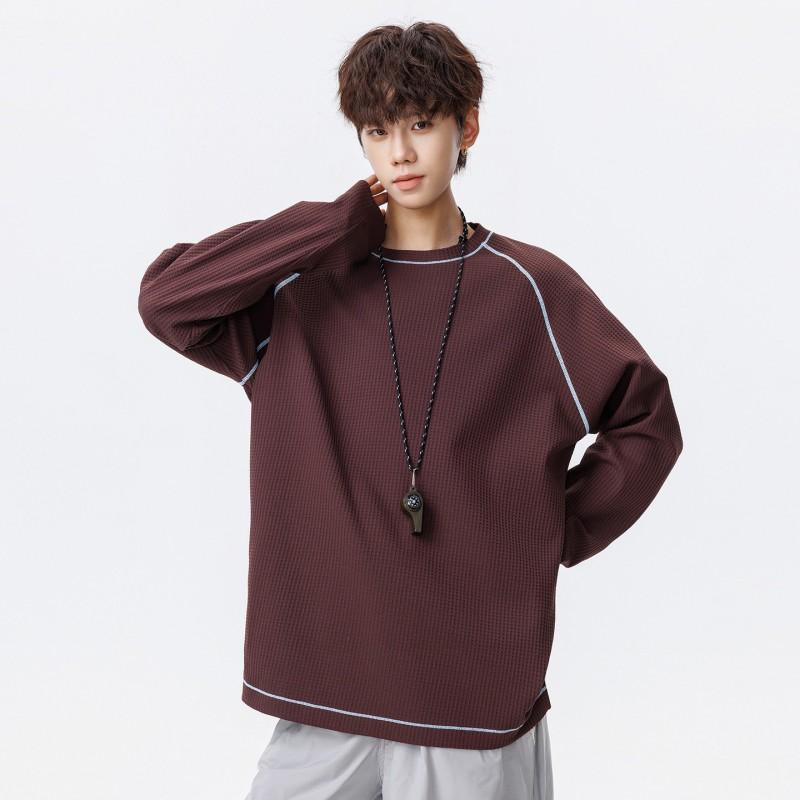 Mens Waffle Knit Long Sleeve T-Shirt Casual Sports Color Block Round Neck Top