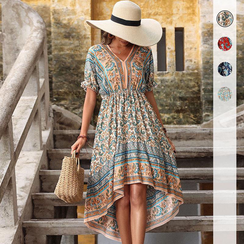 Amazon Cross-border Summer Halter Print Irregular Skirt Ethnic Bohemian Dress Women