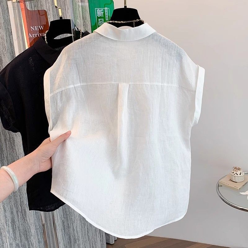 Women's Polo Collar Short Sleeve Linen Blend Shirt Loose Fit Vintage Casual Blouse For Summer Daily Wear Pocket Button Down Solid Color Top