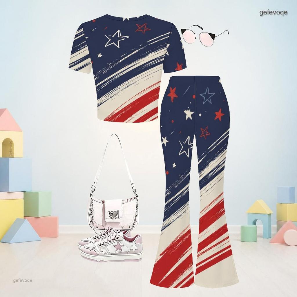 Girls Beige Printed Round Neck Short Sleeve Top And Flared Pants Two Piece Set