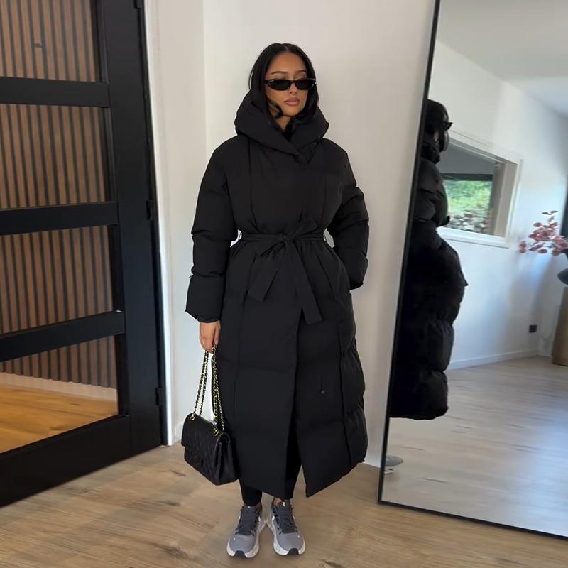 Giacca Lunga Chic da Donna in Cotone con Cappuccio Moda Manica Lunga con Zip Cintura Vita Oversize Cappotto Lady Inverno 2025 Caldo Capospalla