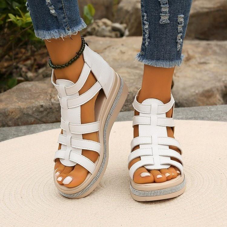 2024 Summer Women's Shoes Fashion Solid Color Multi Strap Combination Thick Bottom Zipper Water Diamond Design Cool Slippers
