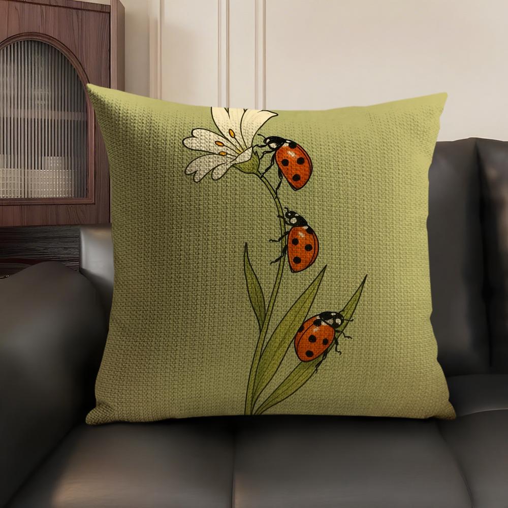 Cute Cartoon Ladybug Cushion Cover Natural Linen Organic Fabric Double-Sided Printing Sofa Home Decor Gift Pillow Case