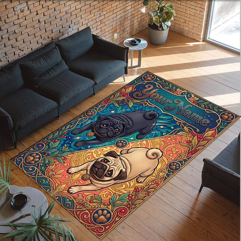Pug Theme Crystal Velvet Floor Rug Personalized Custom Name Text Warm Carpet Home Decoration
