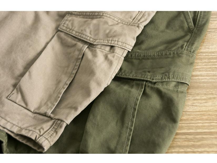 Pánské khaki retro prané ležérní pracovní šortky s více kapsami