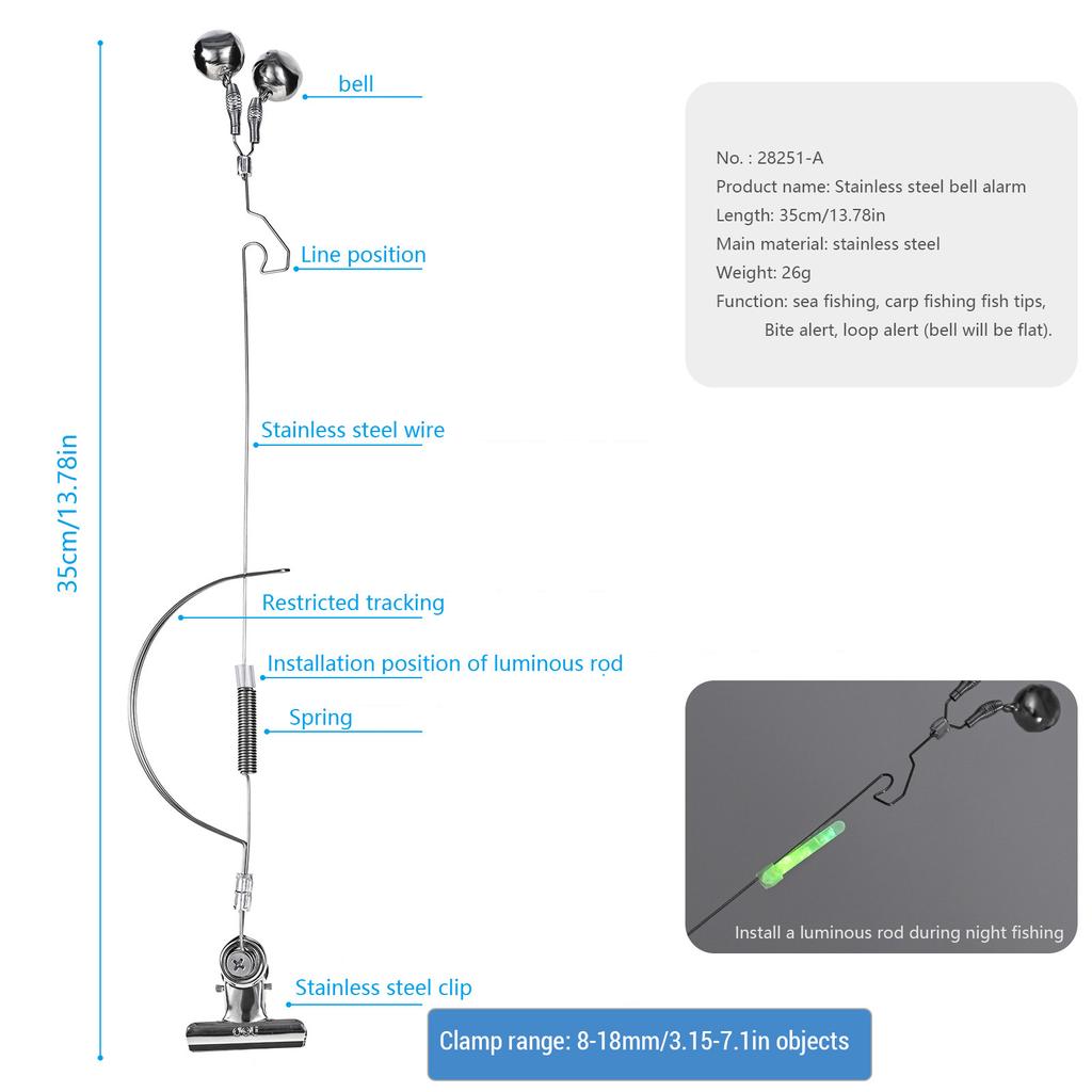 Stainless Steel Fishing Bite Alarm Night Fishing Rod Bait Alarm with Twin Bells