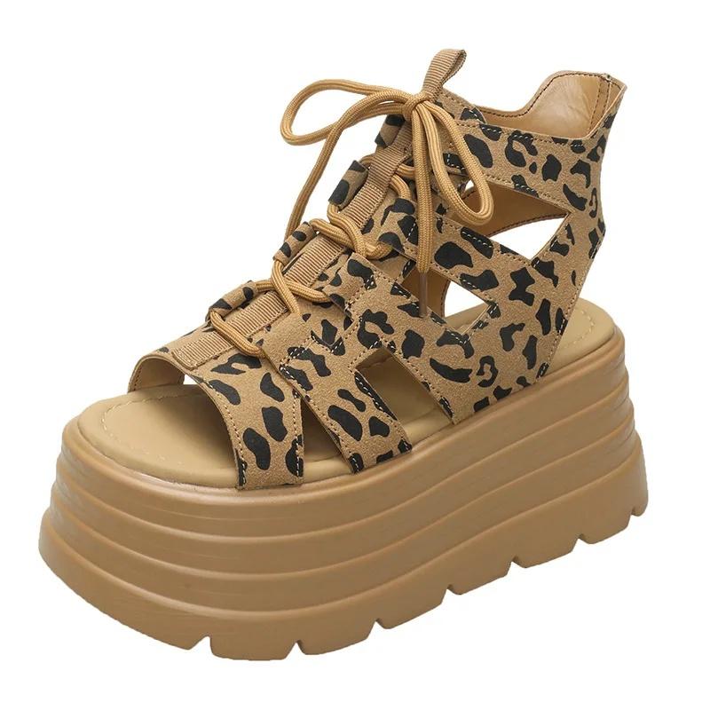 Mädchen 8cm Plateau Sandalen Klobiger Absatz Leopard Designer Schuhe Damen Keilpumps Tacones Sandalias Sommer Coole Stiefel