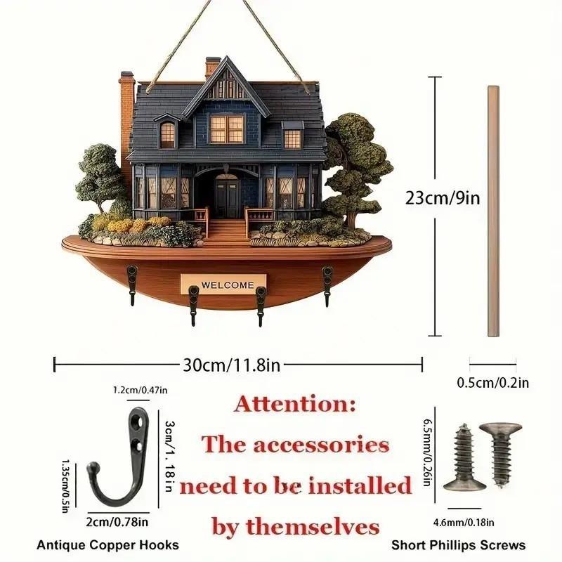 2D Plan, 1 2D Plan, A Cute Villa Wooden Multifunctional Home Keychain with Four Metal Hooks - Wall Decoration, Porch Decoration, Room Decoration