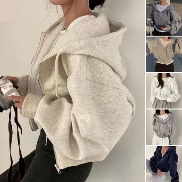 Vintage Korean Women Oversized Zip Up Hooded Jacket Long Sleeve Harajuku Fashion Solid Color Sweatshirt Autumn