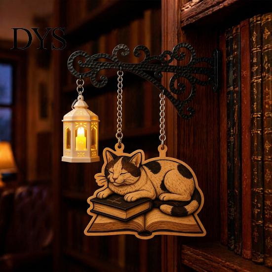 Cat Decor for Book Lovers Vintage Bookshelf Light with Sleeping on Design, Retro Lantern Unique Craft Gifts Students Lamp Reading, Decorative