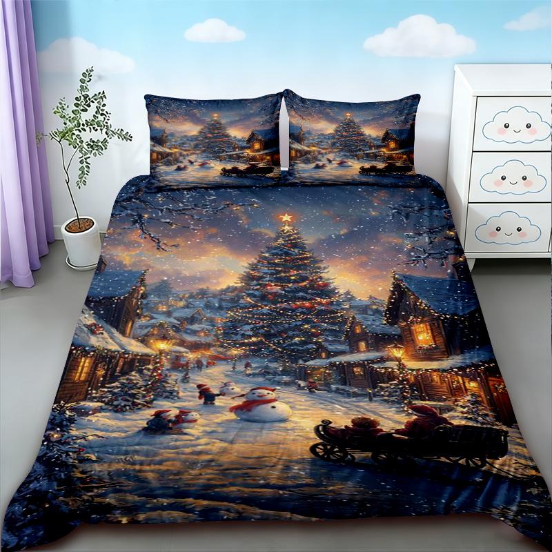 Duvet Cover 3-piece Christmas Themed Santa Claus Snowman Print (1 Duvet Cover+2 Pillowcases, No Core) Soft Bedding Set Soft Best