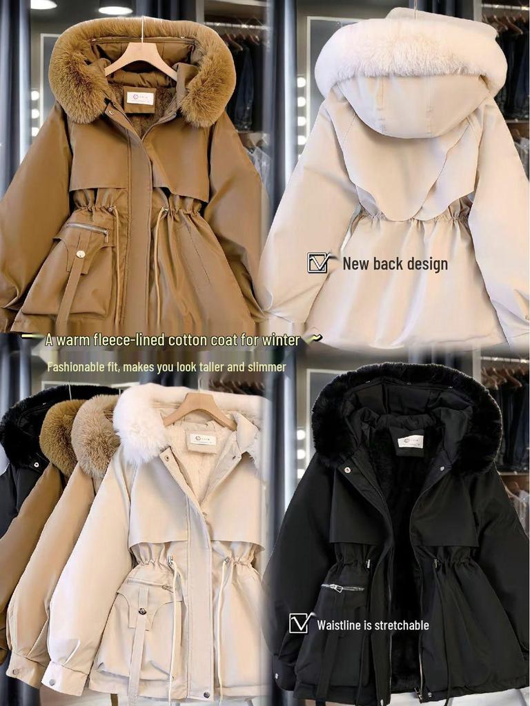 Women's Mid-Length Winter Cotton Coat with Genuine Fur Collar and Thick Velvet Padding
