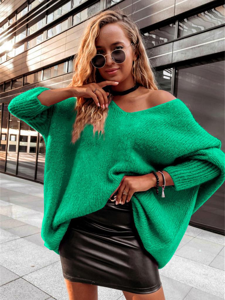 New Loose Batwing Sweater Candy Color V-Neck Off-Shoulder Knit Pullover Casual Women's Sweater