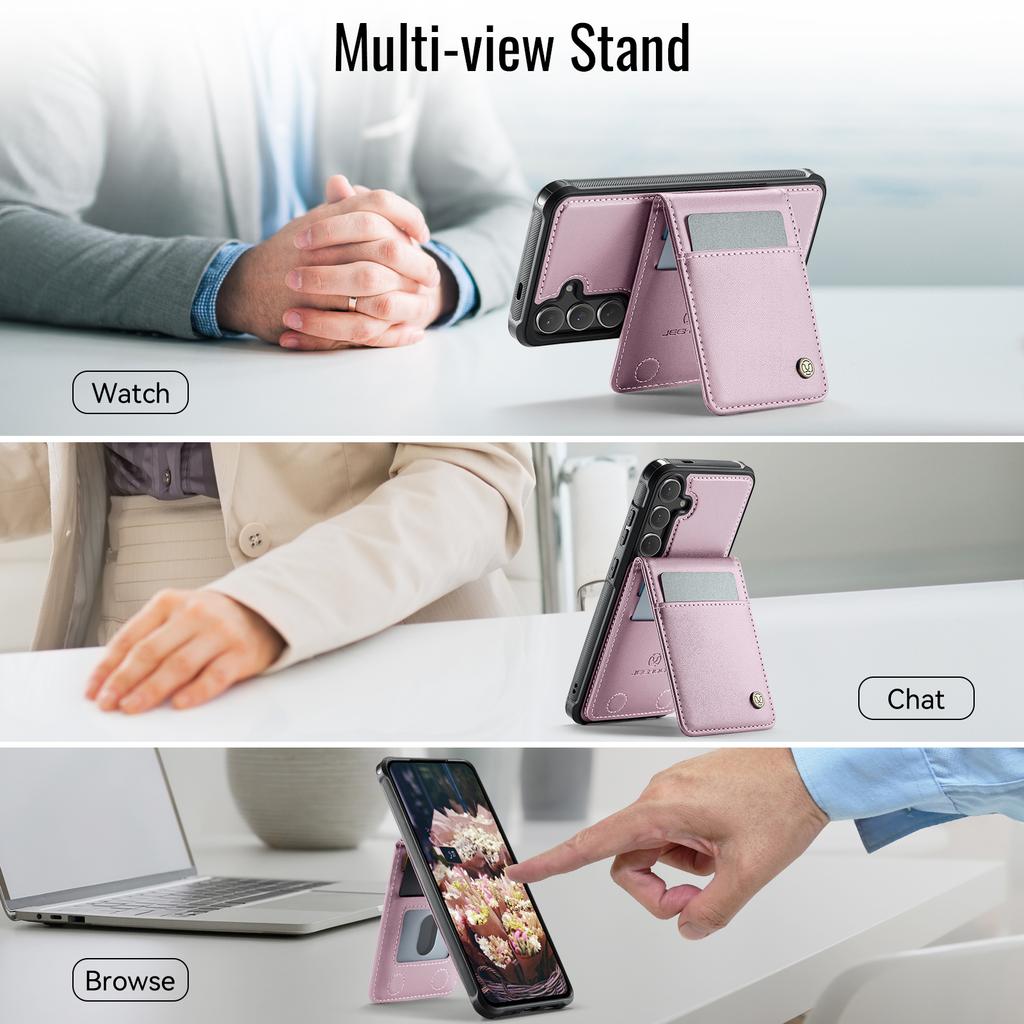 For Samsung Galaxy S25 FE Leather Back Cover JEEHOOD J06 Magnetic Phone Case with Card Bag RFID Blocking