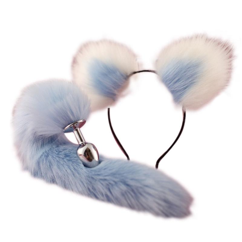 Metal Butt Plug with Fluffy Plush Animal Foxes Tail Ears Headband Set Cosplay Costume Props for Couples Game Sex Toy