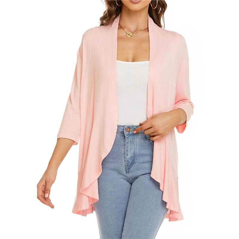 Europäische und Amerikanische Sommer Damen Oberteile, Neue einfarbige Strickjacken, Dreiviertelärmel, Rüschen, Lässiger Minimalistischer Stil