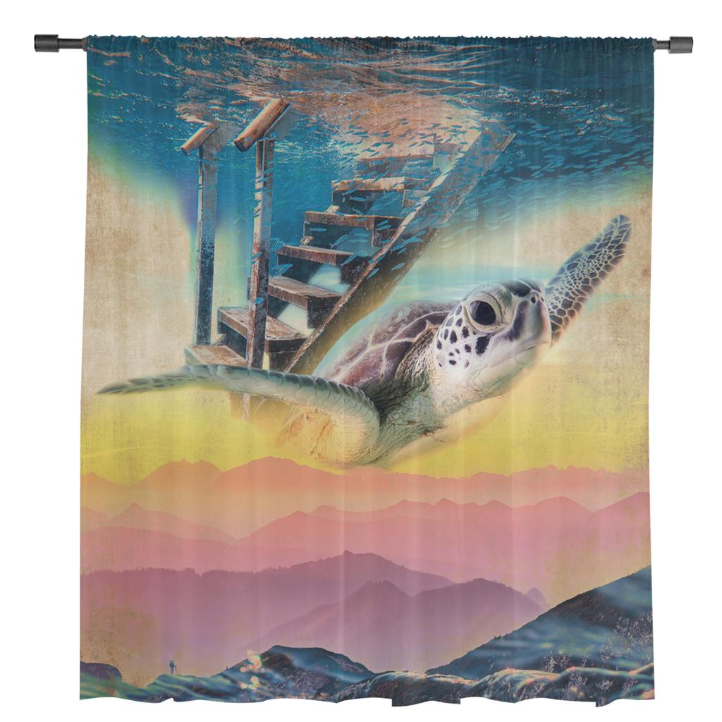 Sky Sea Turtle Mountain Window Treatment Tulle Modern Sheer Curtains for Kitchen Living Room the Bedroom Curtains Decoration