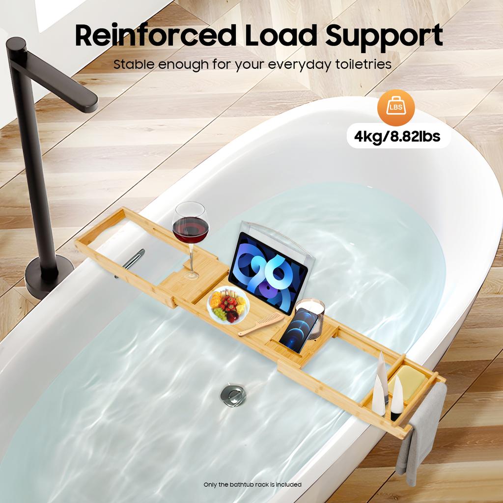 Extendable Bamboo Bathtub Tray Retractable Bathtub Shelf with Soap Box Single Box Waterproof Fabric for Bathroom