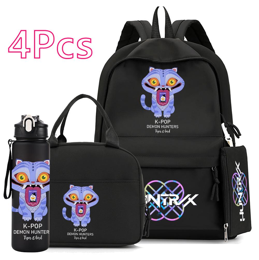 

4Pcs/set Cartoon K-Pop Printed 750Ml Water Bottler Backpack Handbag Pencil Case for Teenager Boy Girl Schoolbag Large Capacity waterproof Bookbag