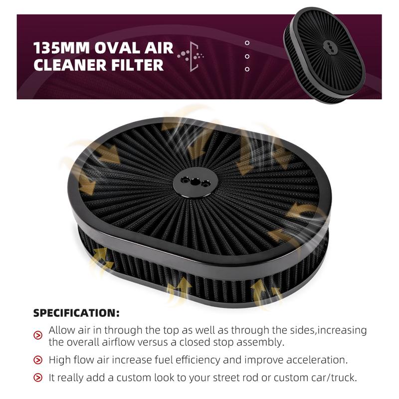 New High Flow Chrome 12"x2" Oval Air Cleaner Filter Assembly 5-1/8" Carb Neck W/ Flow-Thru Lid for GMC Chevy Ford Chryler Dodge