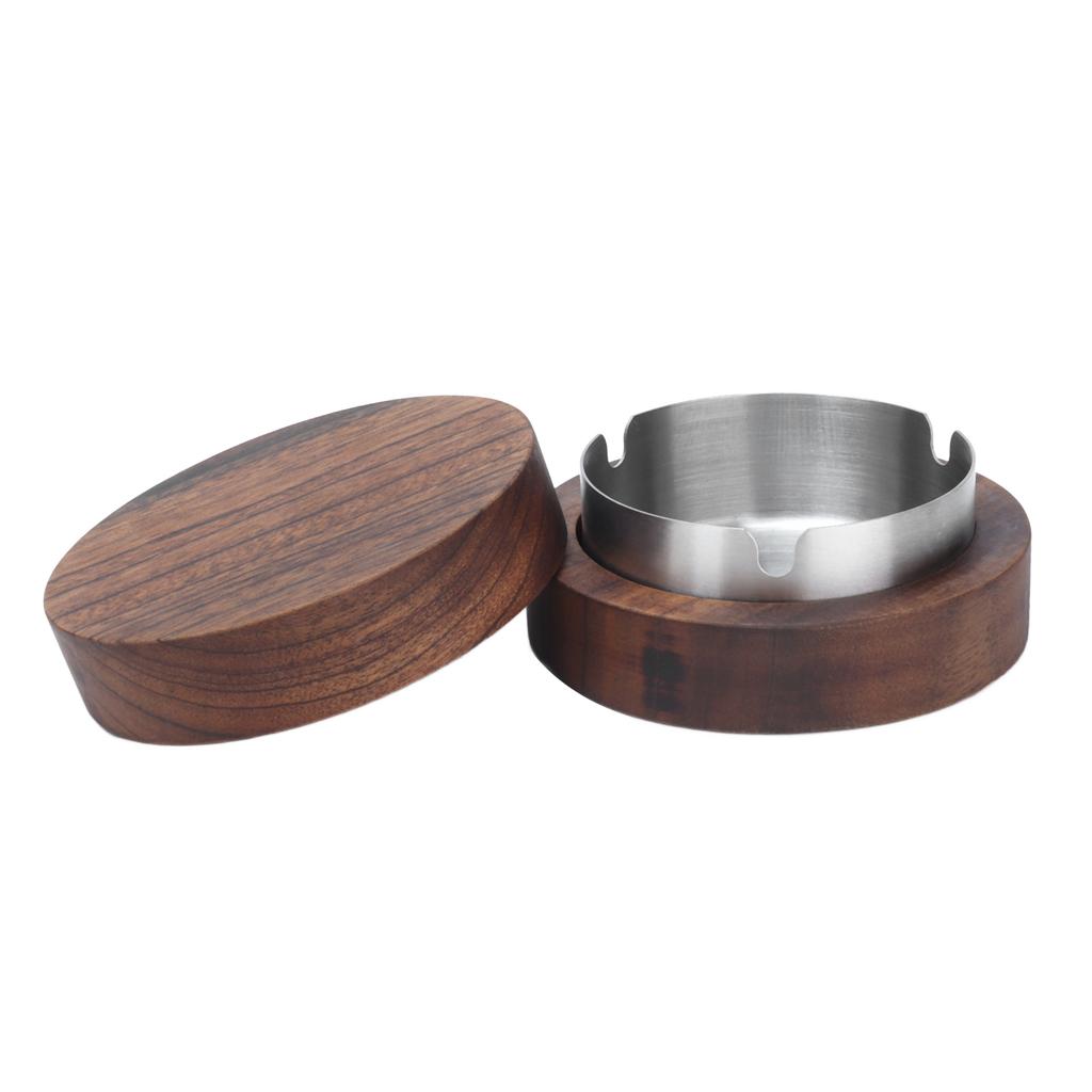 Wooden Compact Ashtray with Lid Stainless Steel Liner Innovative Windproof Cigarettes Ash Tray for Office