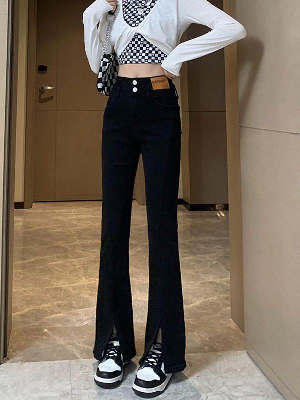 Plus Size High-Waisted Split Denim Flare Jeans for Women - Retro, Slimming, Floor-Length, Spring and Autumn Collection