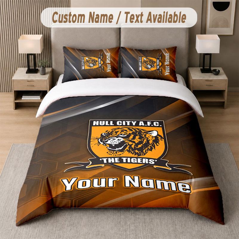 Set Biancheria da Letto Personalizzato Modello Hull FC, Stampa Nome Testo 1 Copripiumino più 2 Federe Tessile per la Casa