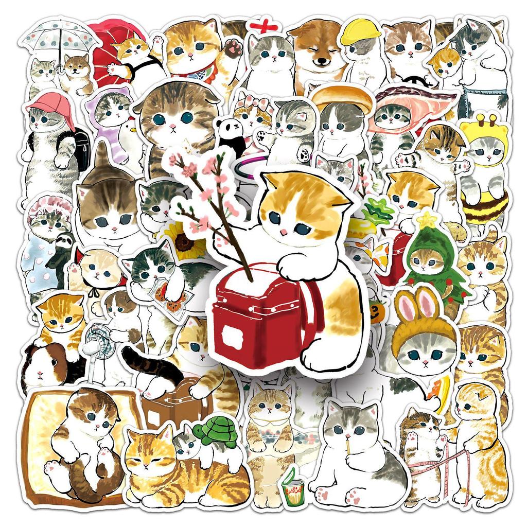 50 Hand-Painted Cute Cartoon Kitten Stickers for Cards, Cups, and Luggage